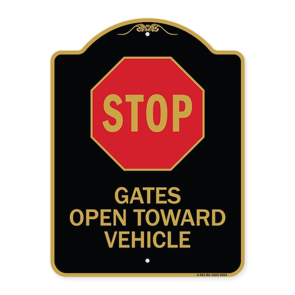 Designer Series-Stop Gates Open Toward Vehicle Black & Gold Alum, 24" x 18", BG-1824-9884